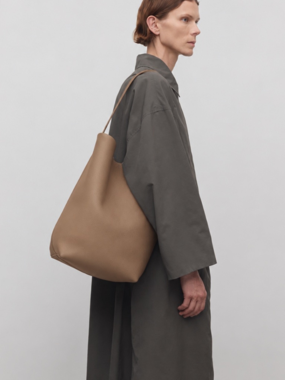 Large Taupe Pebbled Bucket Tote Shoulder Bag